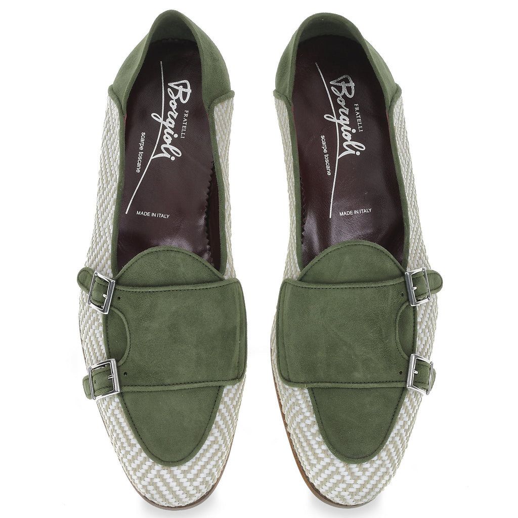 Double buckle moccasin in green suede and woven fabric - Fratelli Borgioli – handcrafted