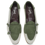 Double buckle moccasin in green suede and woven fabric - Fratelli Borgioli – handcrafted