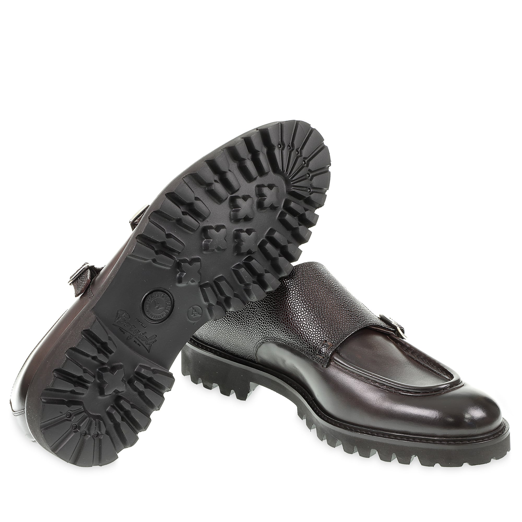 double monk loafers in antique ebony calfskin – handmade