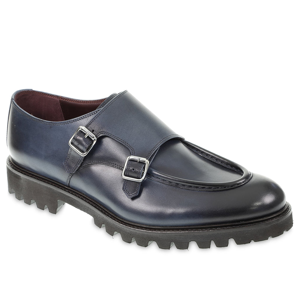 Mocassin double boucle en cuir de veau vieilli bleu par Fratelli Borgioli – artisanales