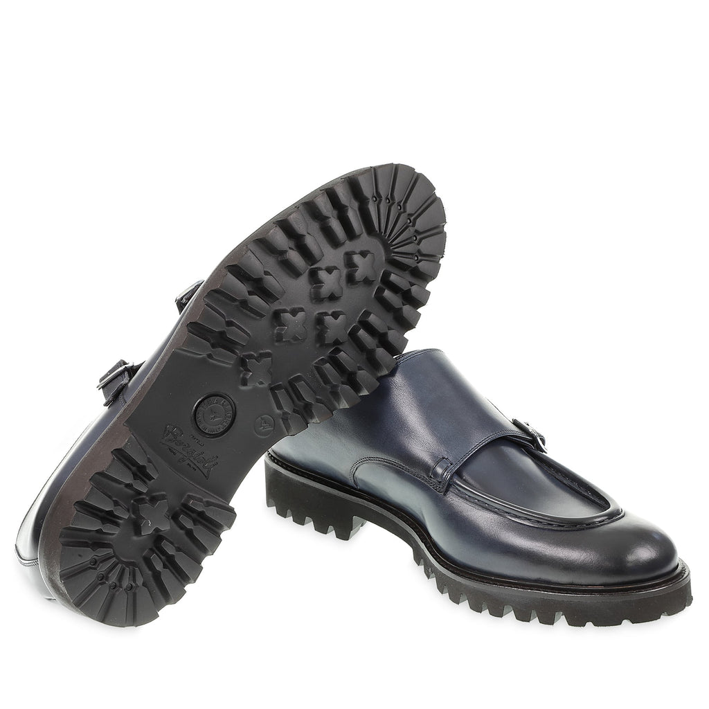 Mocassin double boucle en cuir de veau vieilli bleu par Fratelli Borgioli – artisanales