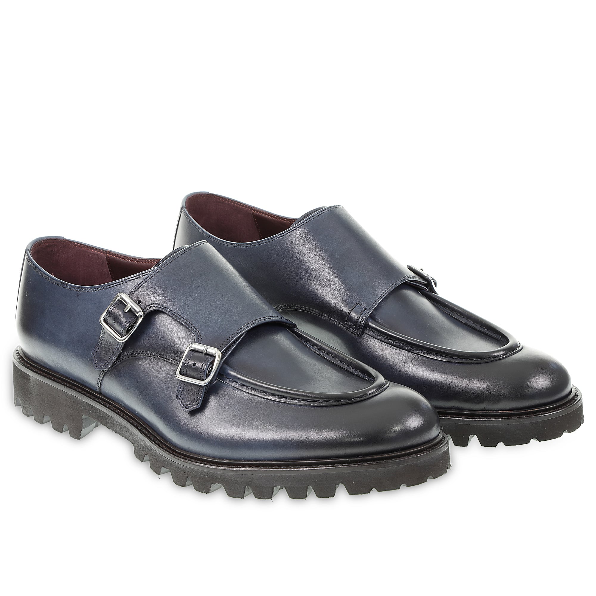 Double buckle moccasin in blue antiqued calfskin by Fratelli Borgioli – handmade
