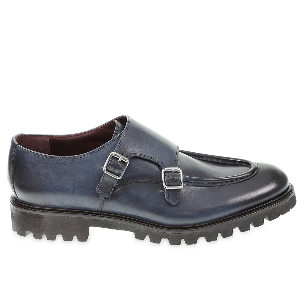 Mocassin double boucle en cuir de veau vieilli bleu par Fratelli Borgioli – artisanales