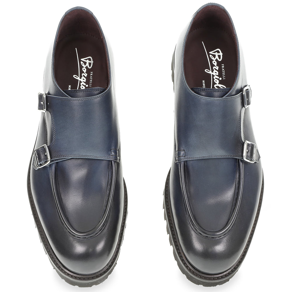 Mocassin double boucle en cuir de veau vieilli bleu par Fratelli Borgioli – artisanales
