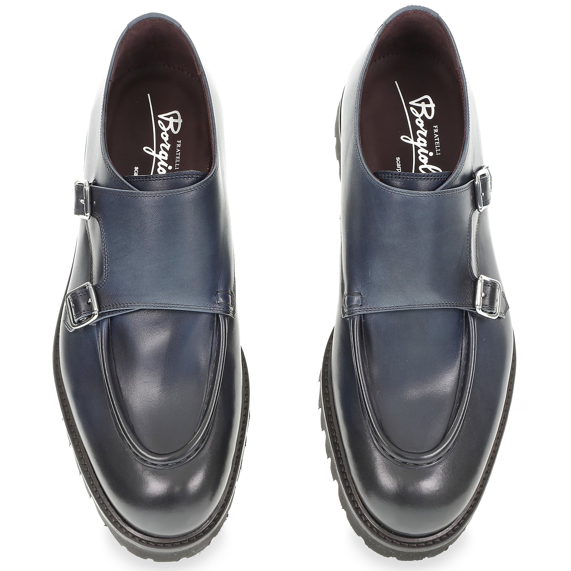 Double buckle moccasin in blue antiqued calfskin by Fratelli Borgioli – handmade