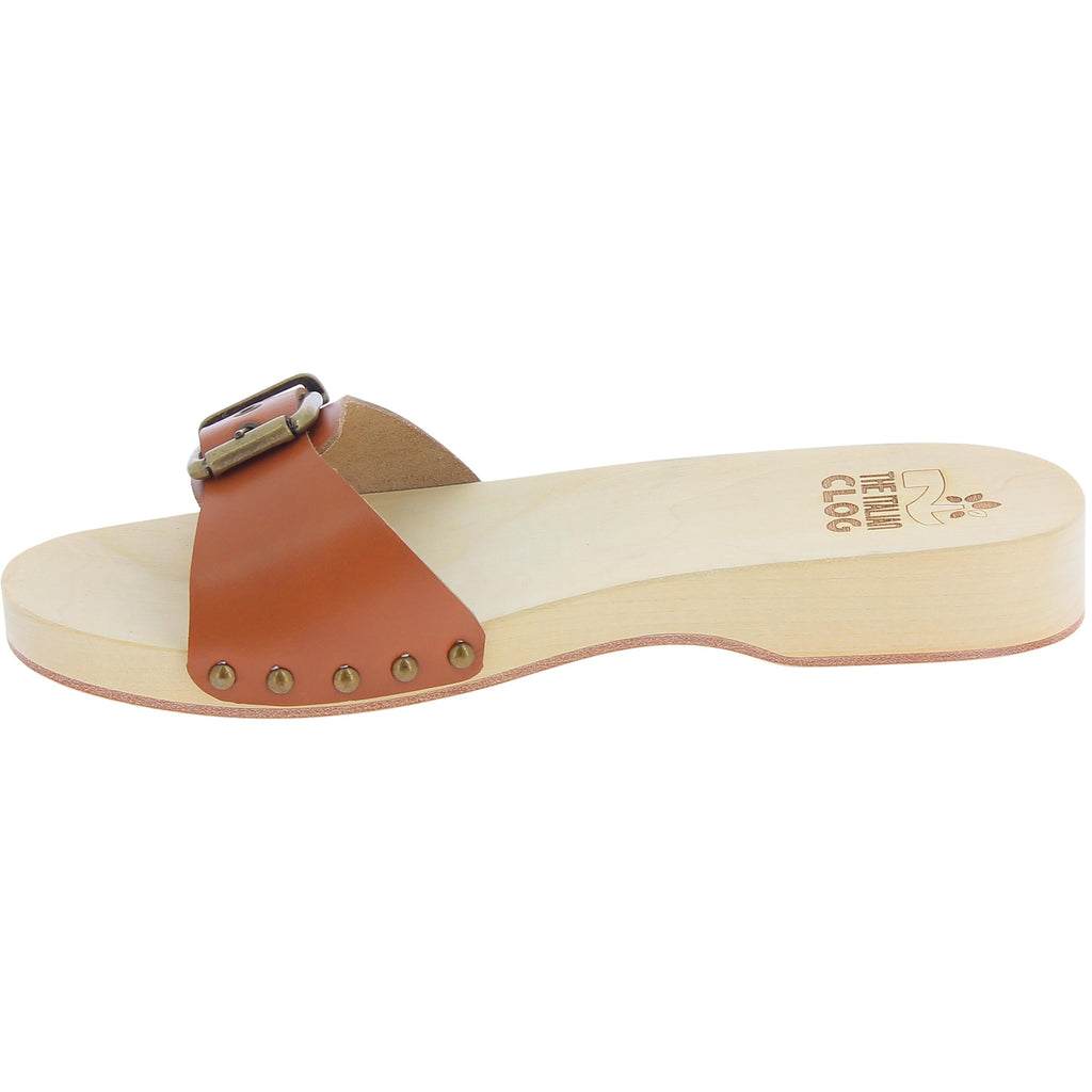 Zoccoli in legno uomo con fascia regolabile in pelle color cuoio