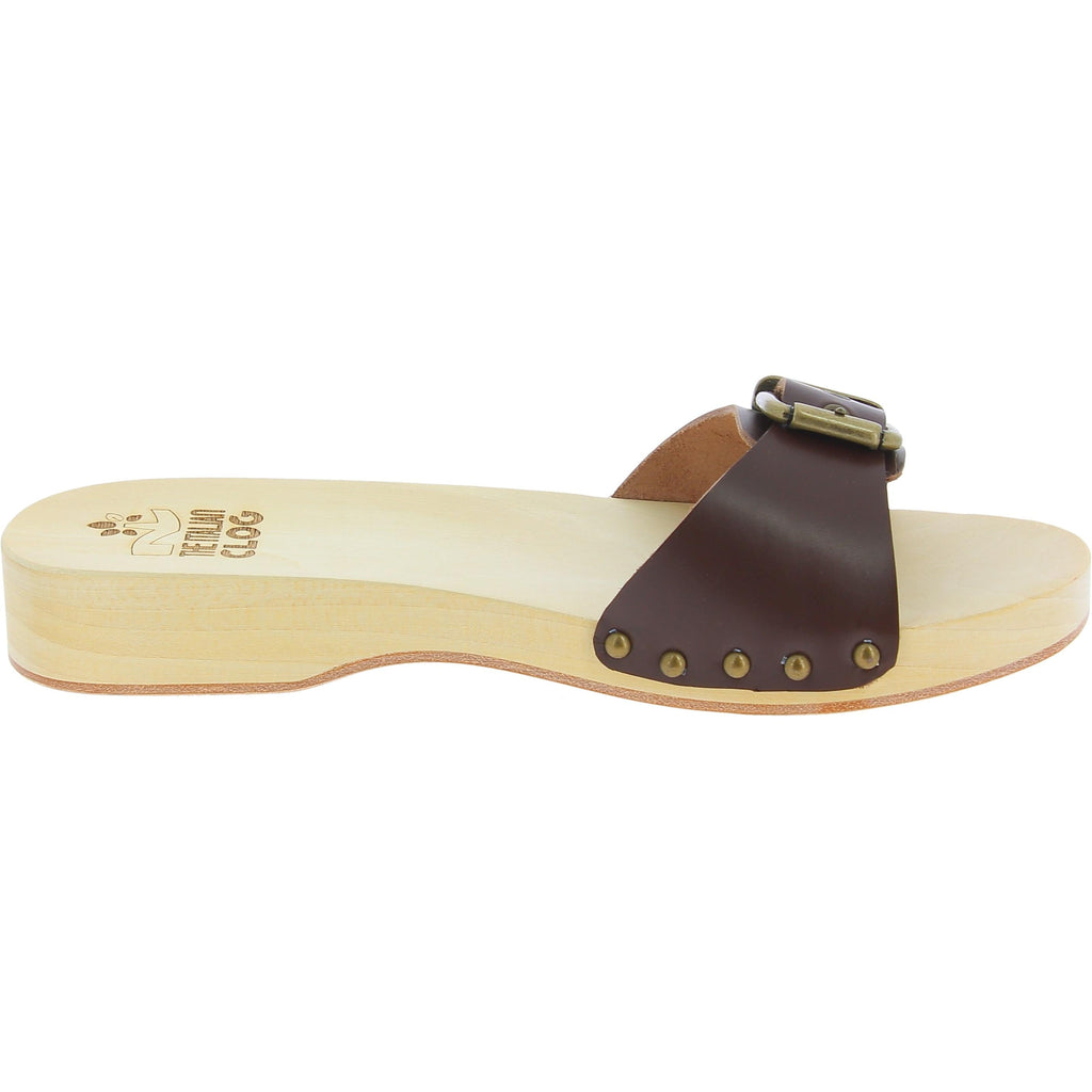 Zoccoli in legno uomo con fascia regolabile in pelle marrone scuro