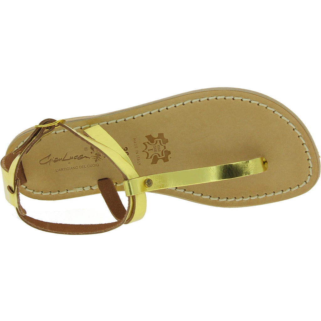 Handmade thong sandals in yellow laminated leather
