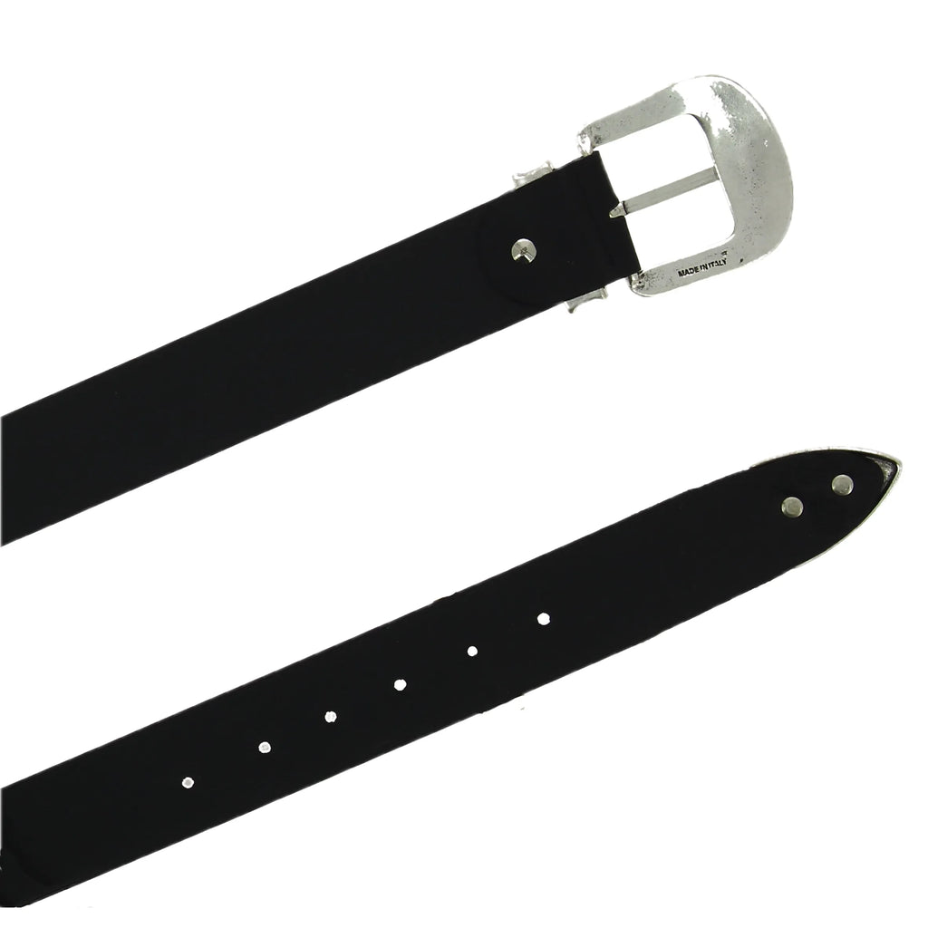 Cintura western in pelle nera con fibbia argentata in metallo