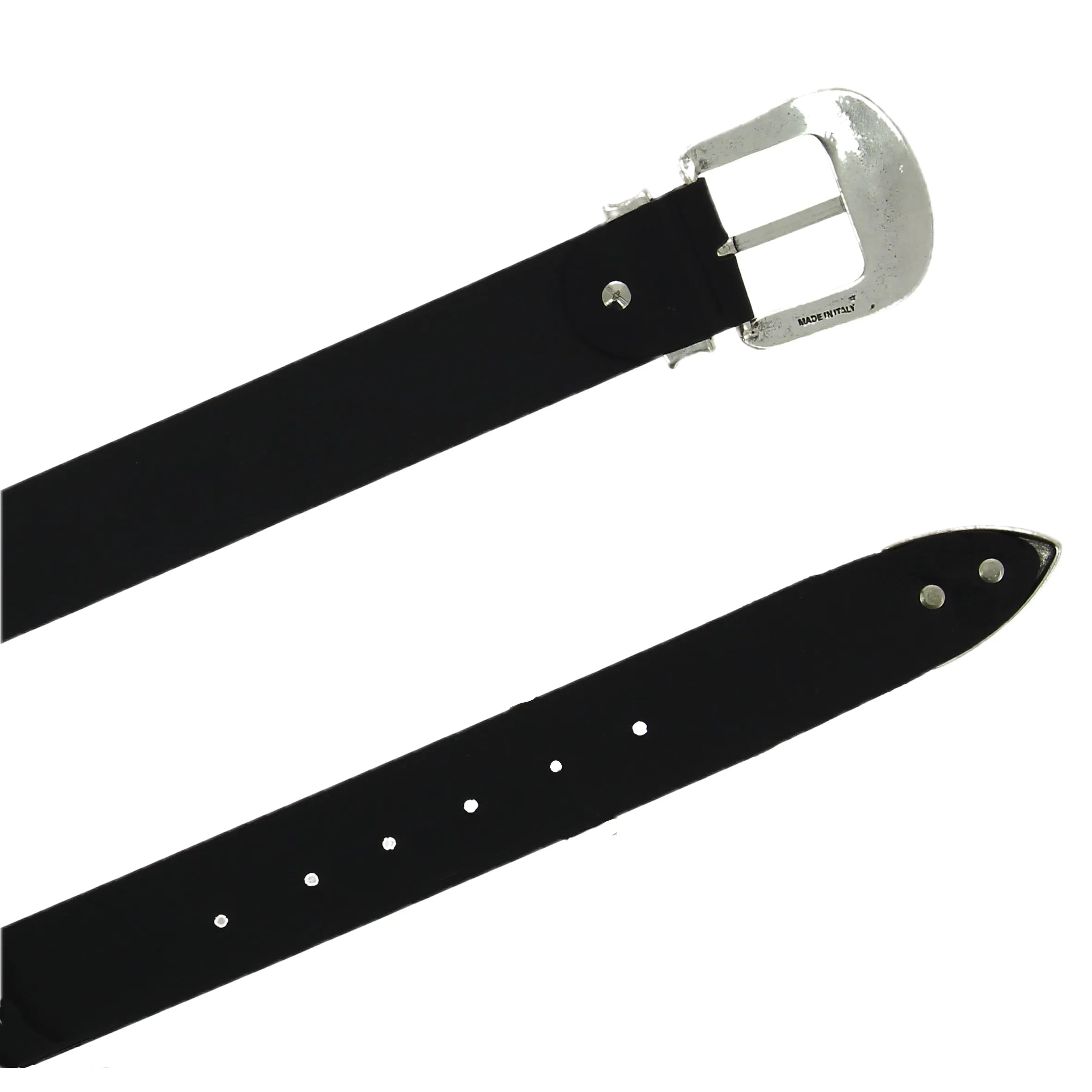 Cintura western in pelle nera con fibbia argentata in metallo