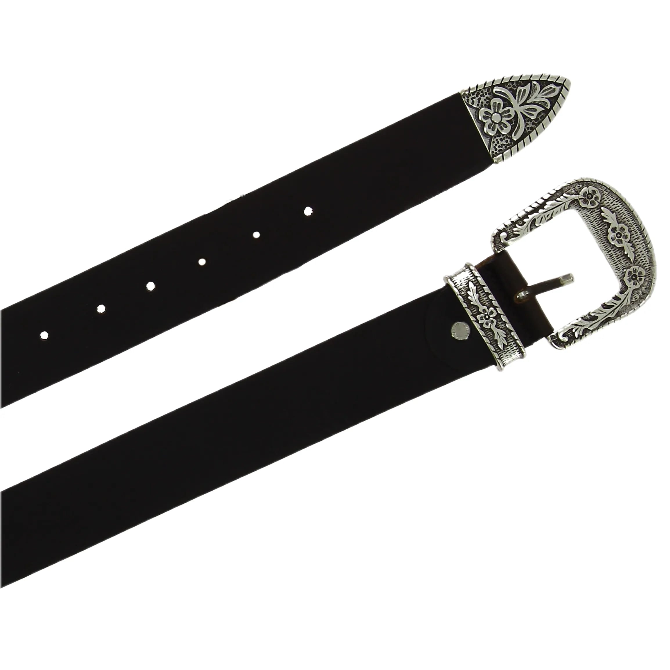 Cintura western in pelle marrone scuro con fibbia argentata in metallo