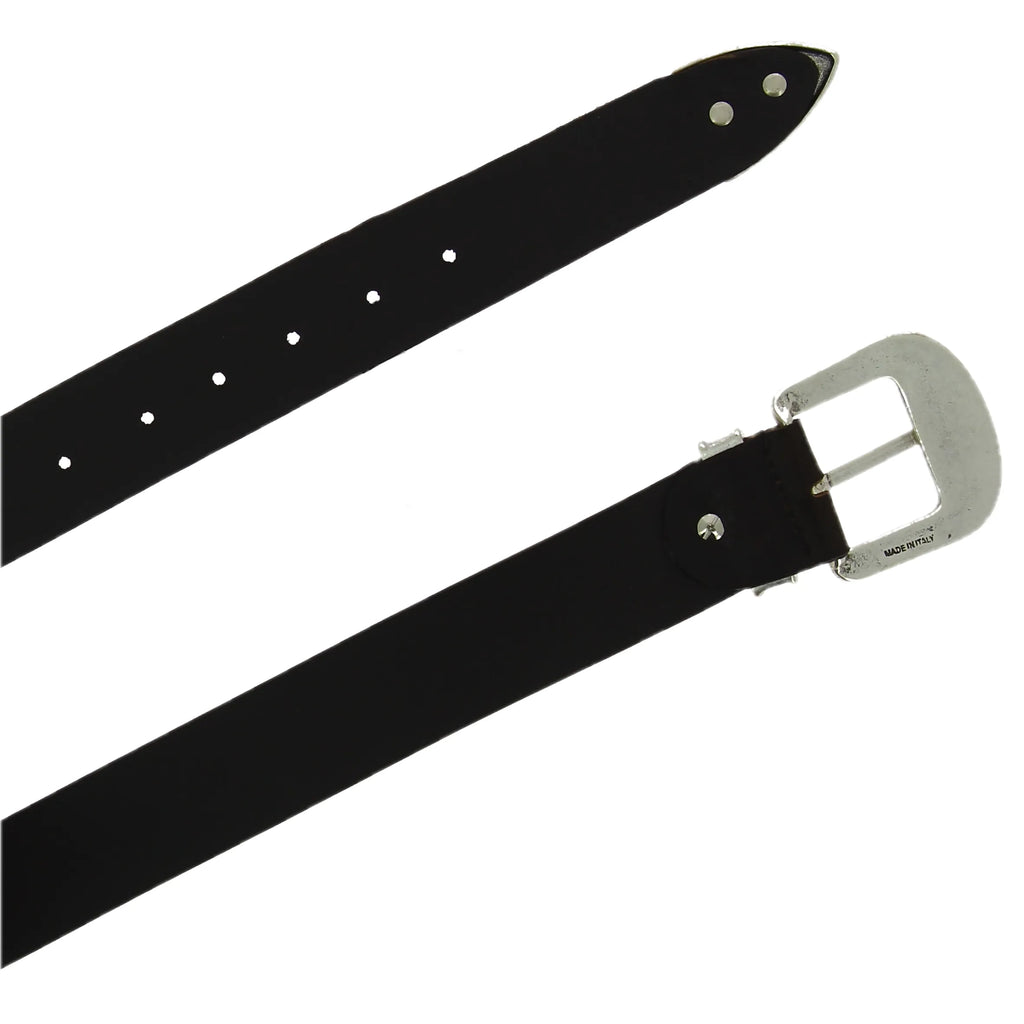 Cintura western in pelle marrone scuro con fibbia argentata in metallo