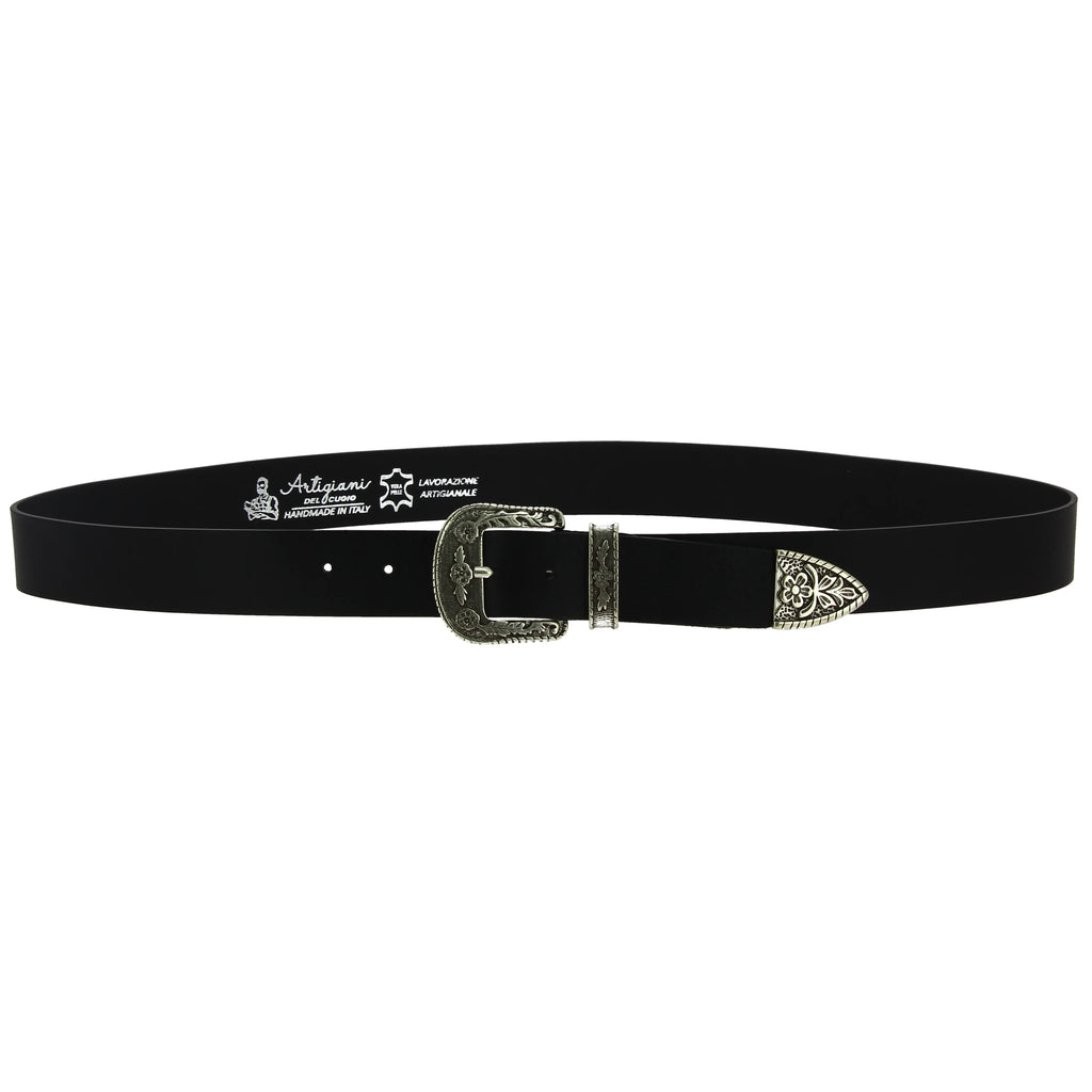 Cintura western in pelle marrone scuro con fibbia argentata in metallo