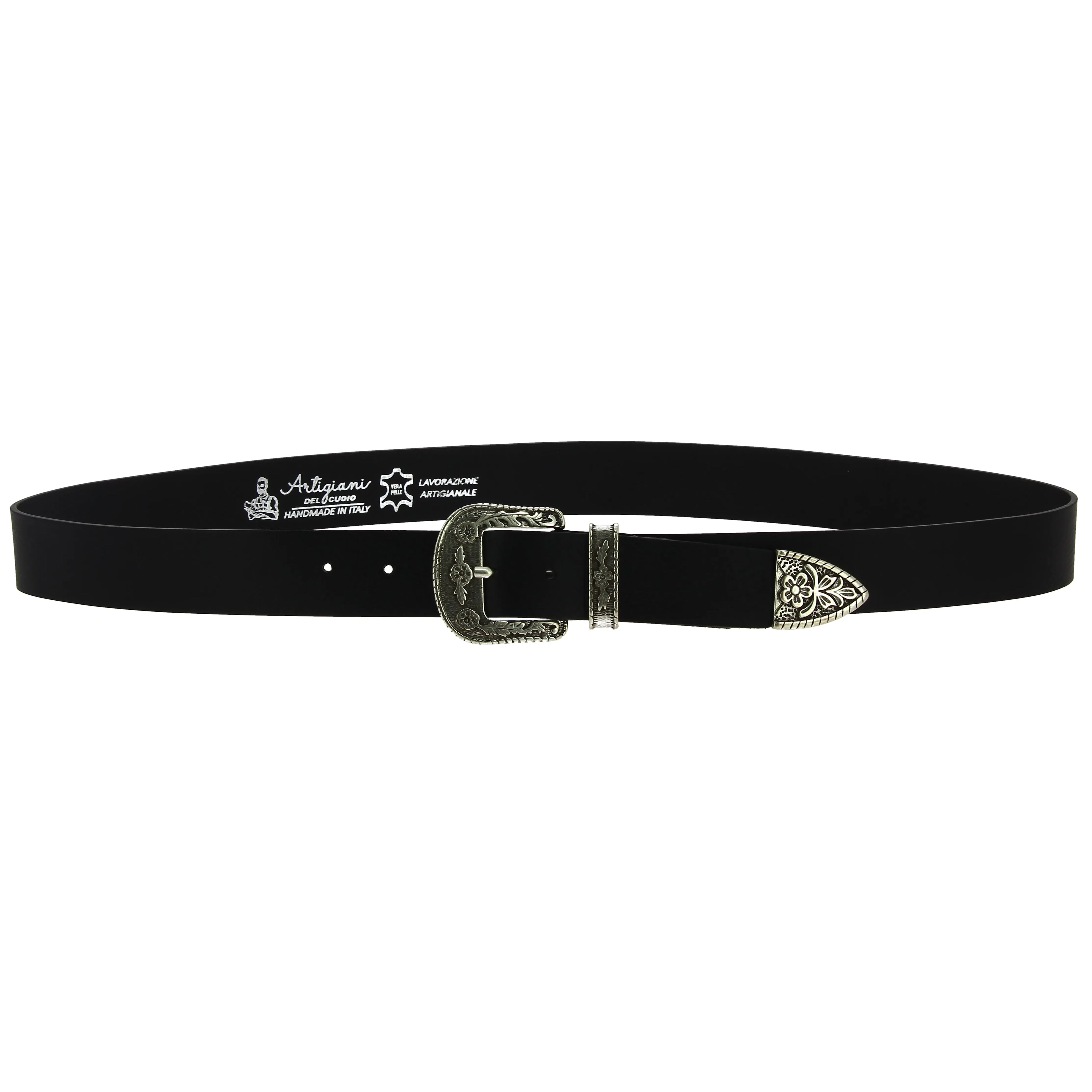 Cintura western in pelle marrone scuro con fibbia argentata in metallo