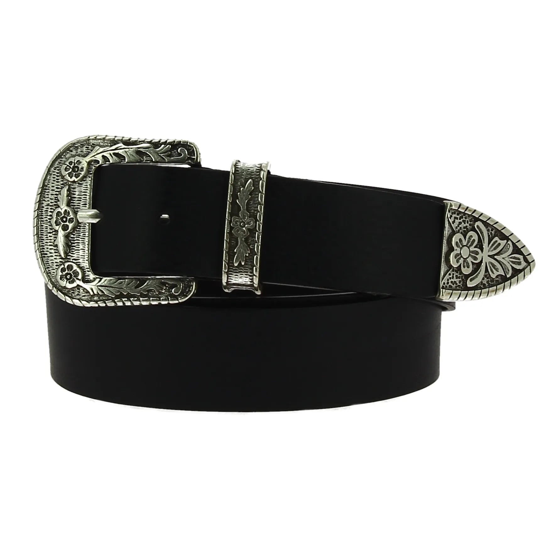 Cintura western in pelle marrone scuro con fibbia argentata in metallo