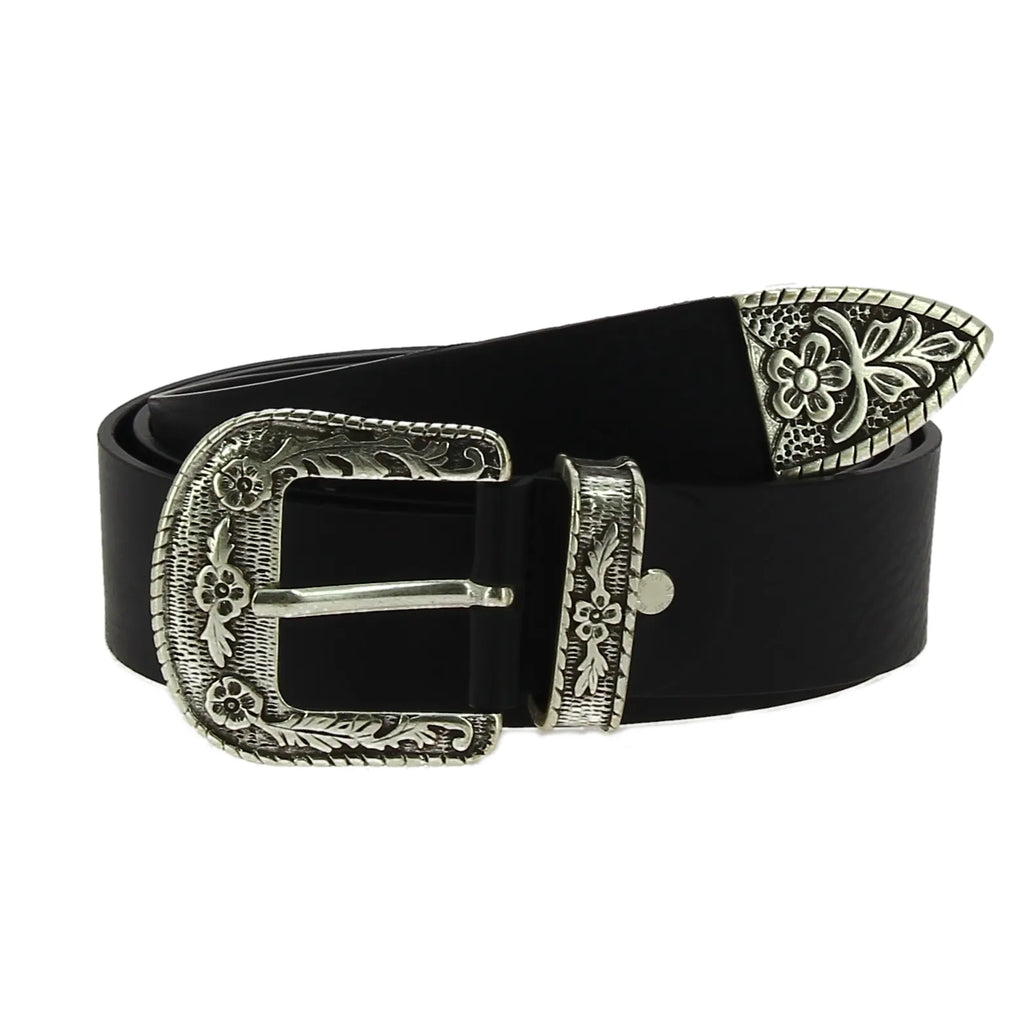 Cintura western in pelle marrone scuro con fibbia argentata in metallo