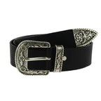 Cintura western in pelle marrone scuro con fibbia argentata in metallo