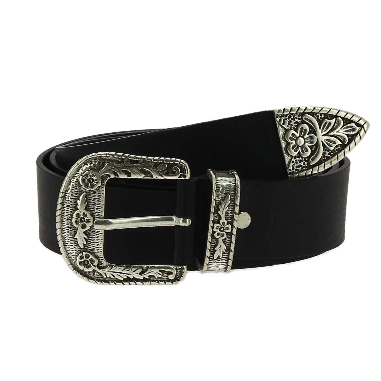 Cintura western in pelle marrone scuro con fibbia argentata in metallo