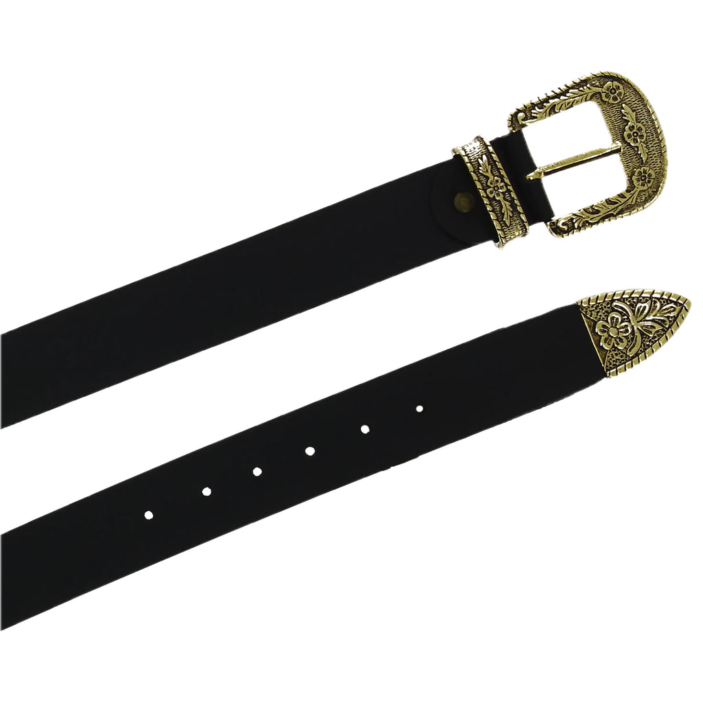 Cintura western in pelle nera con fibbia in metallo color bronzo
