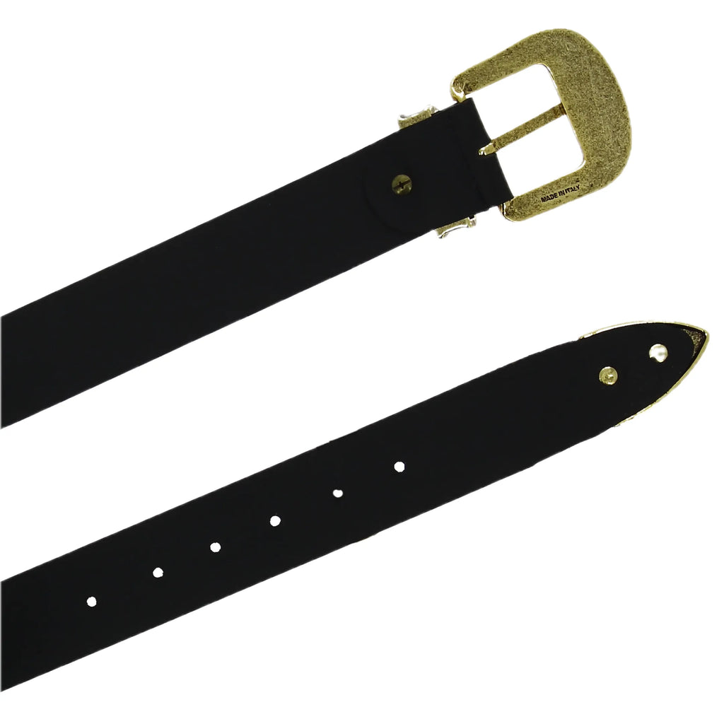 Cintura western in pelle nera con fibbia in metallo color bronzo