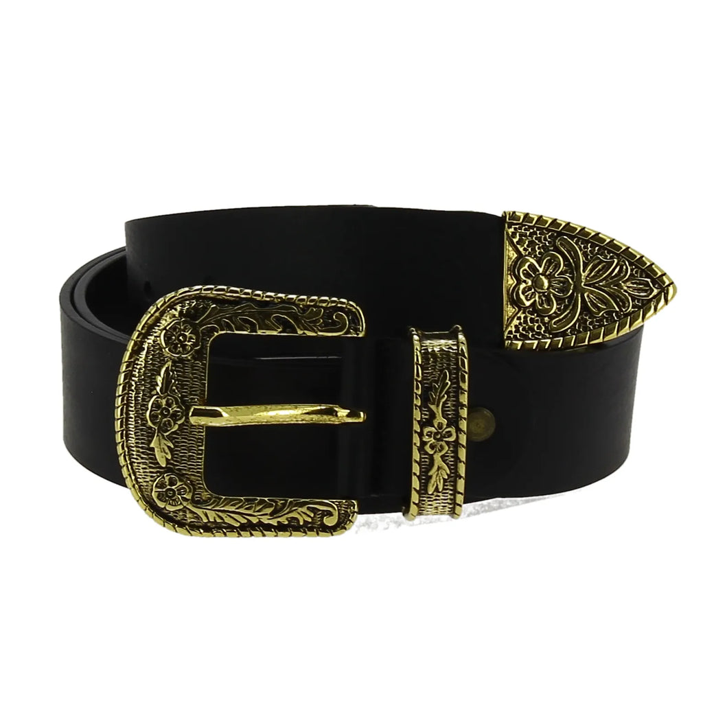 Cintura western in pelle nera con fibbia in metallo color bronzo