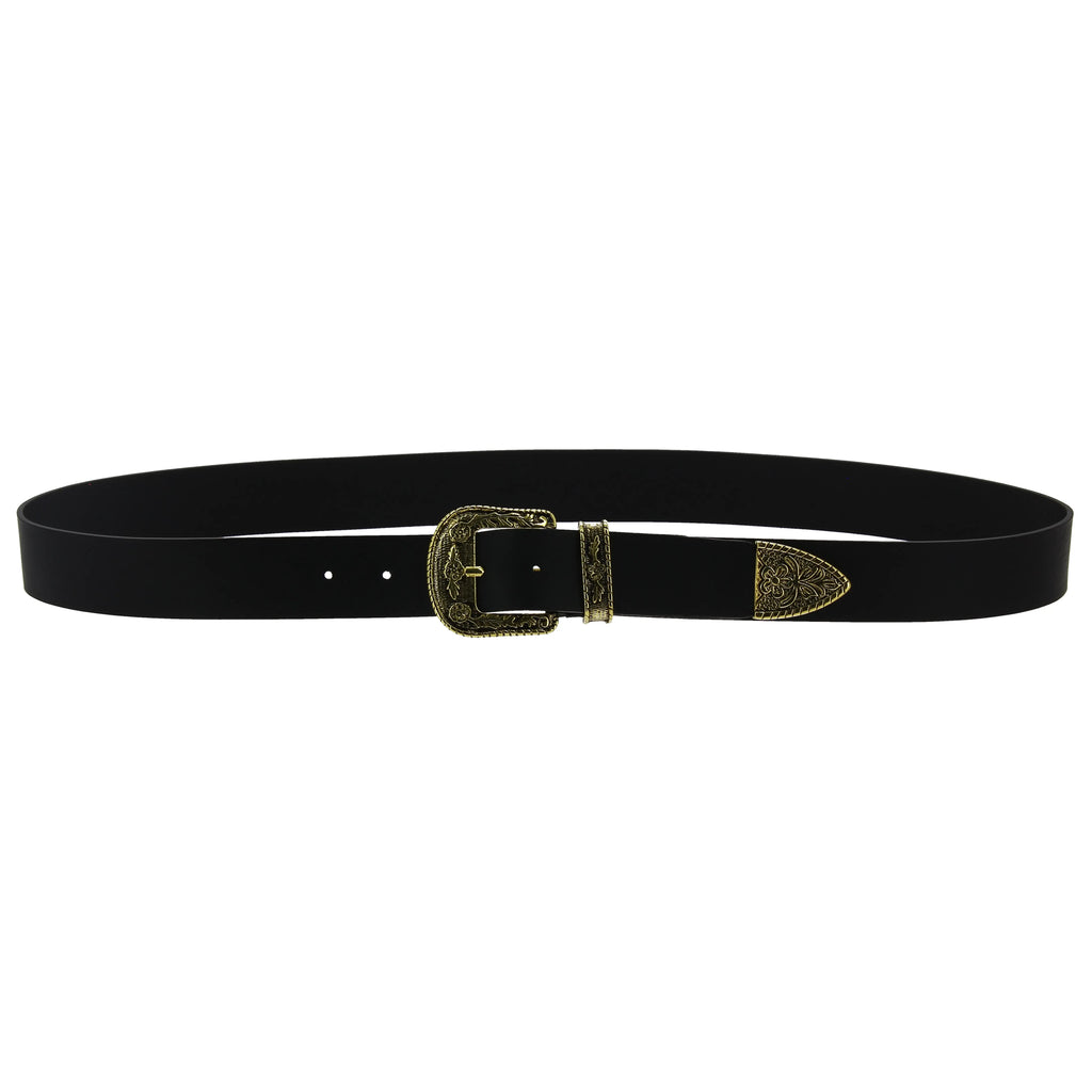 Cintura western in pelle nera con fibbia in metallo color bronzo