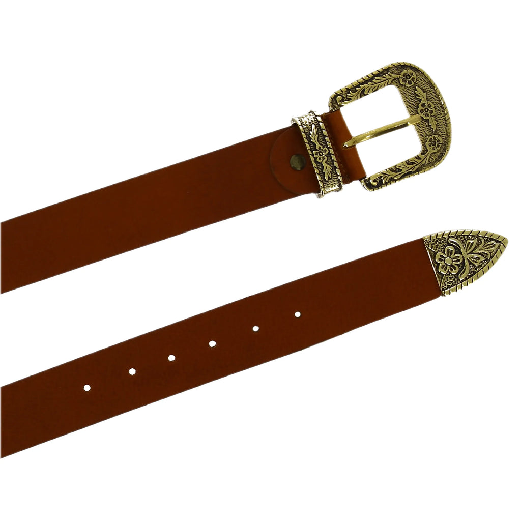 Cintura western in cuoio con fibbia in metallo bronzo inciso