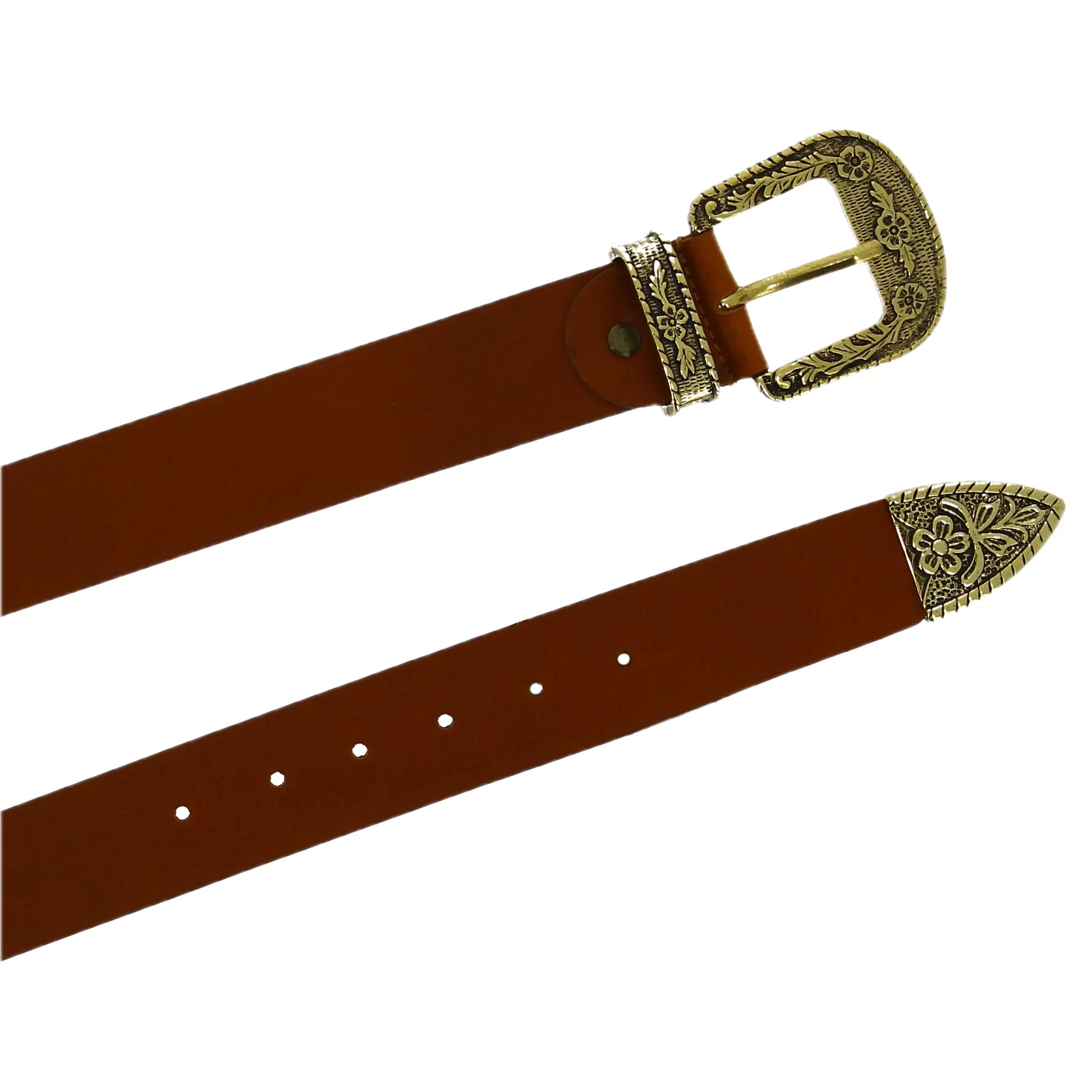 Cintura western in cuoio con fibbia in metallo bronzo inciso