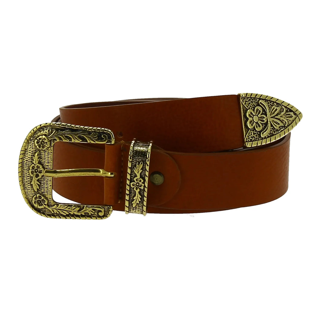 Cintura western in cuoio con fibbia in metallo bronzo inciso
