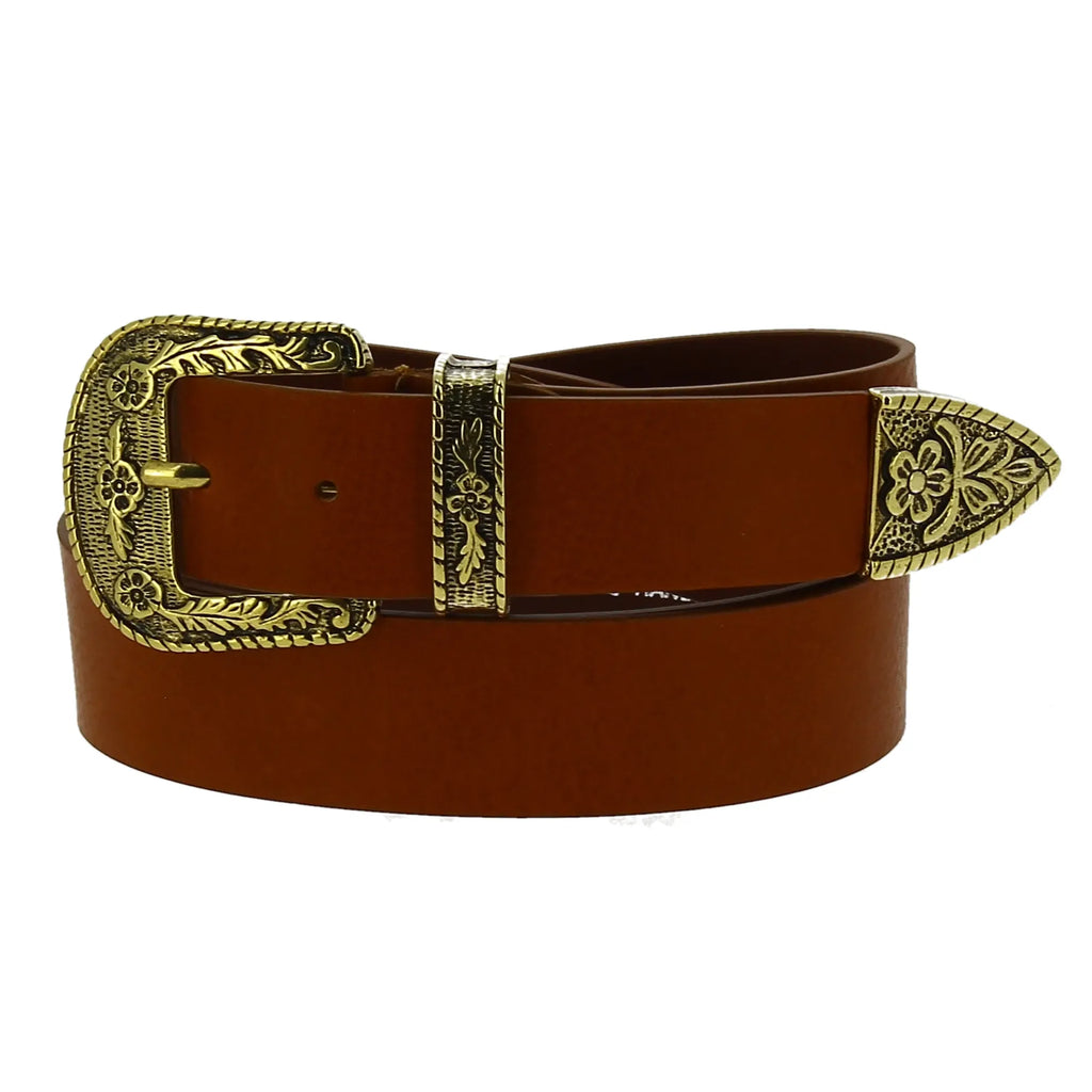 Cintura western in cuoio con fibbia in metallo bronzo inciso