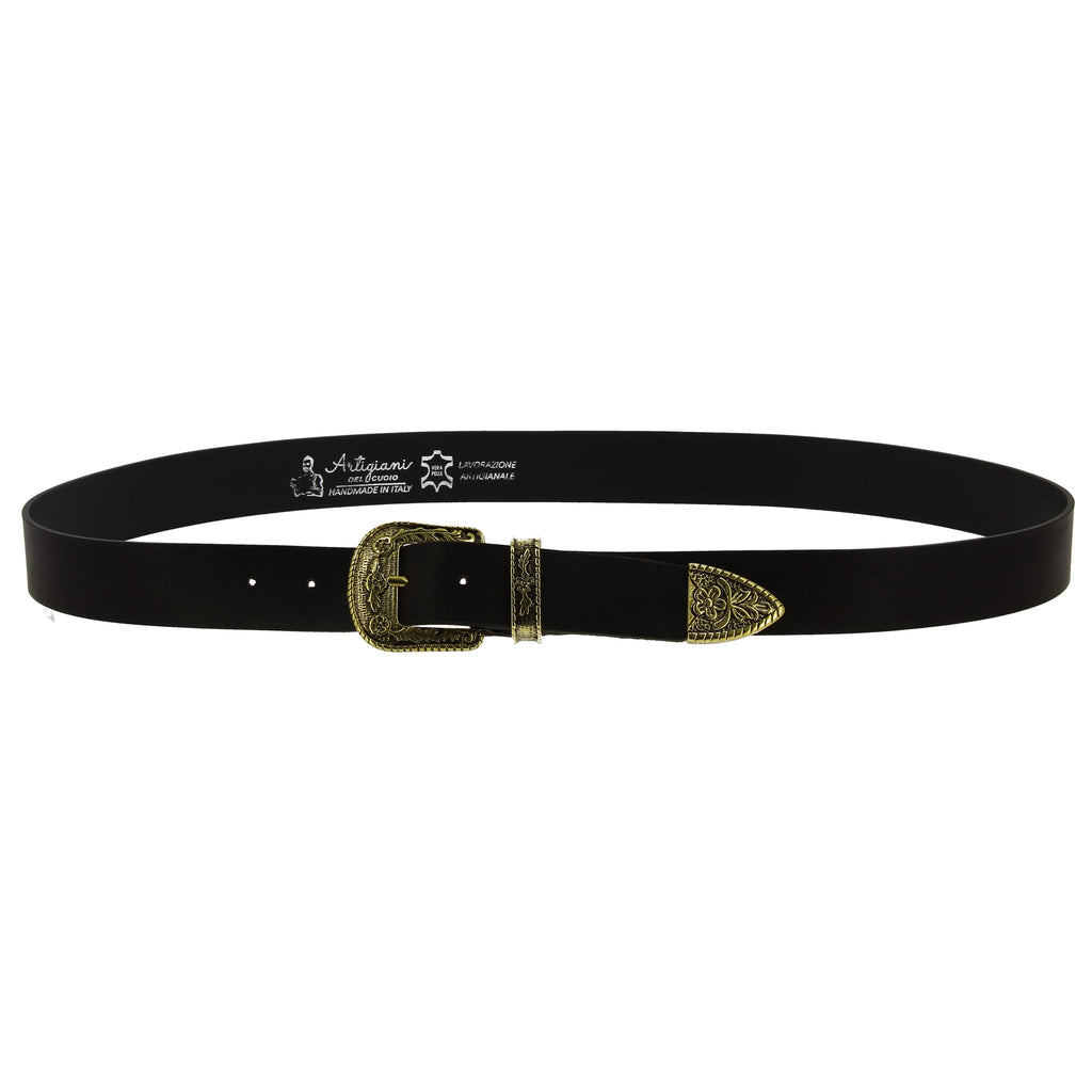 Cintura western in pelle marrone scuro con fibbia bronzo in metallo
