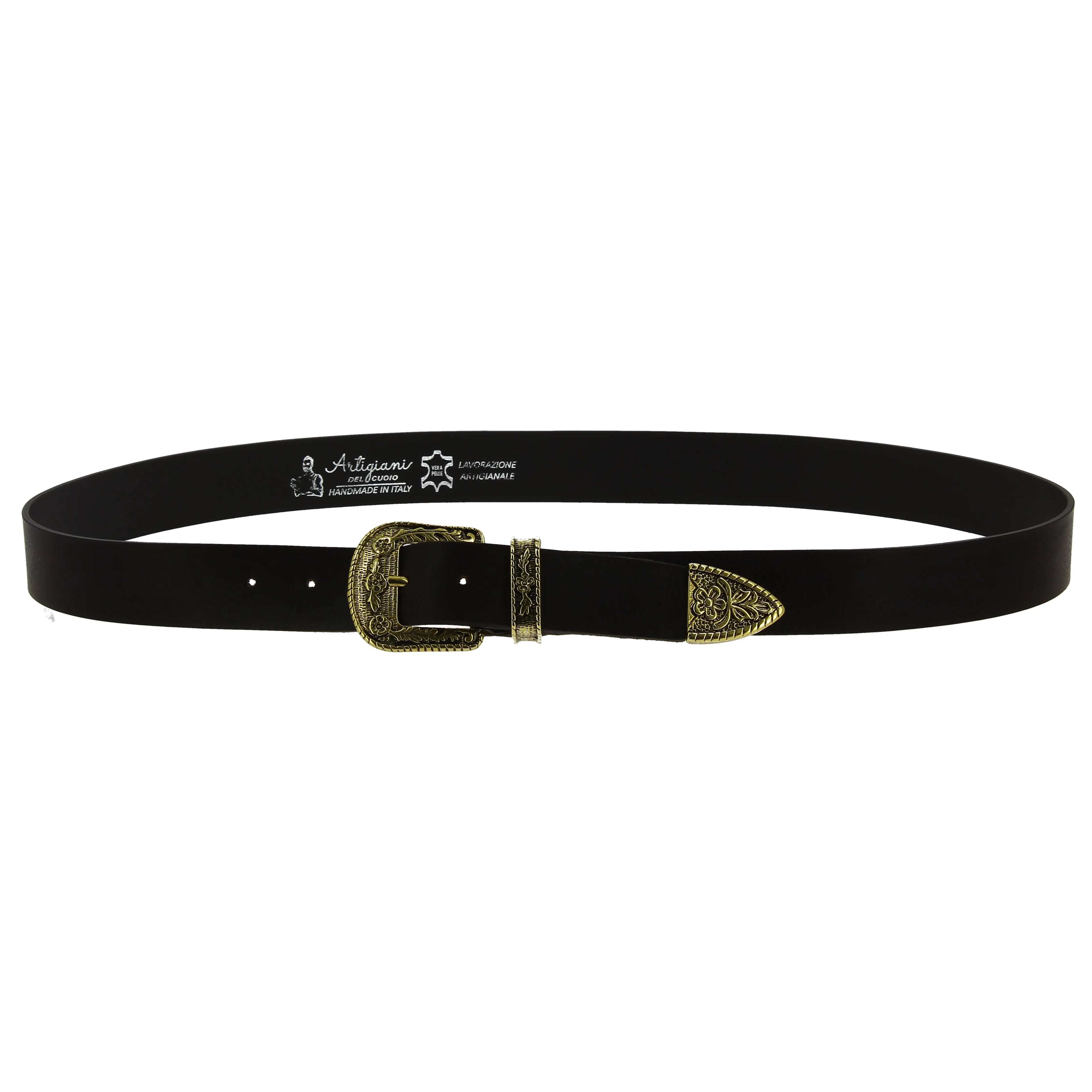 Cintura western in pelle marrone scuro con fibbia bronzo in metallo