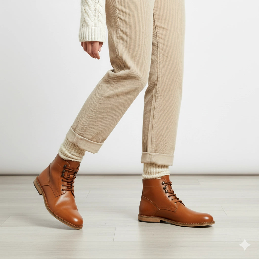 Stivaletti da donna in pelle color cuoio fatte a mano in Italia