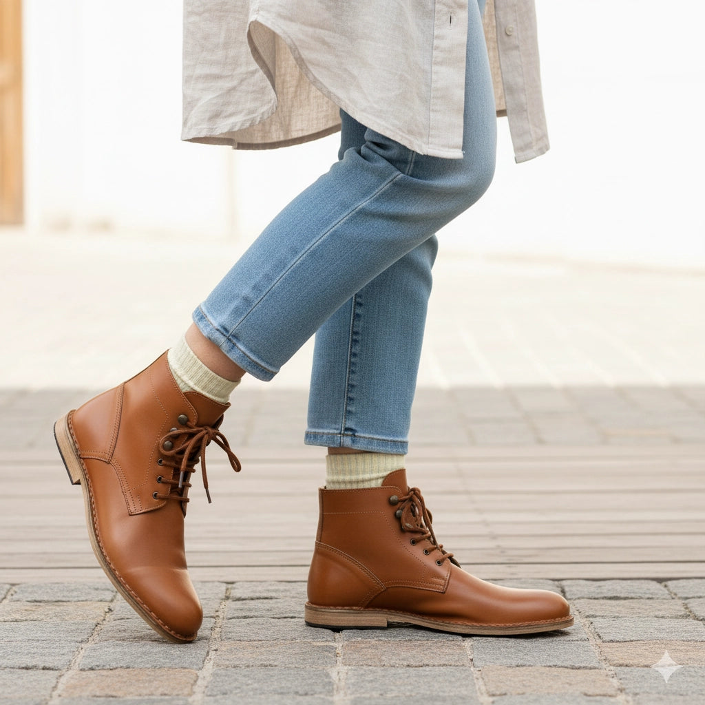 Stivaletti da donna in pelle color cuoio fatte a mano in Italia
