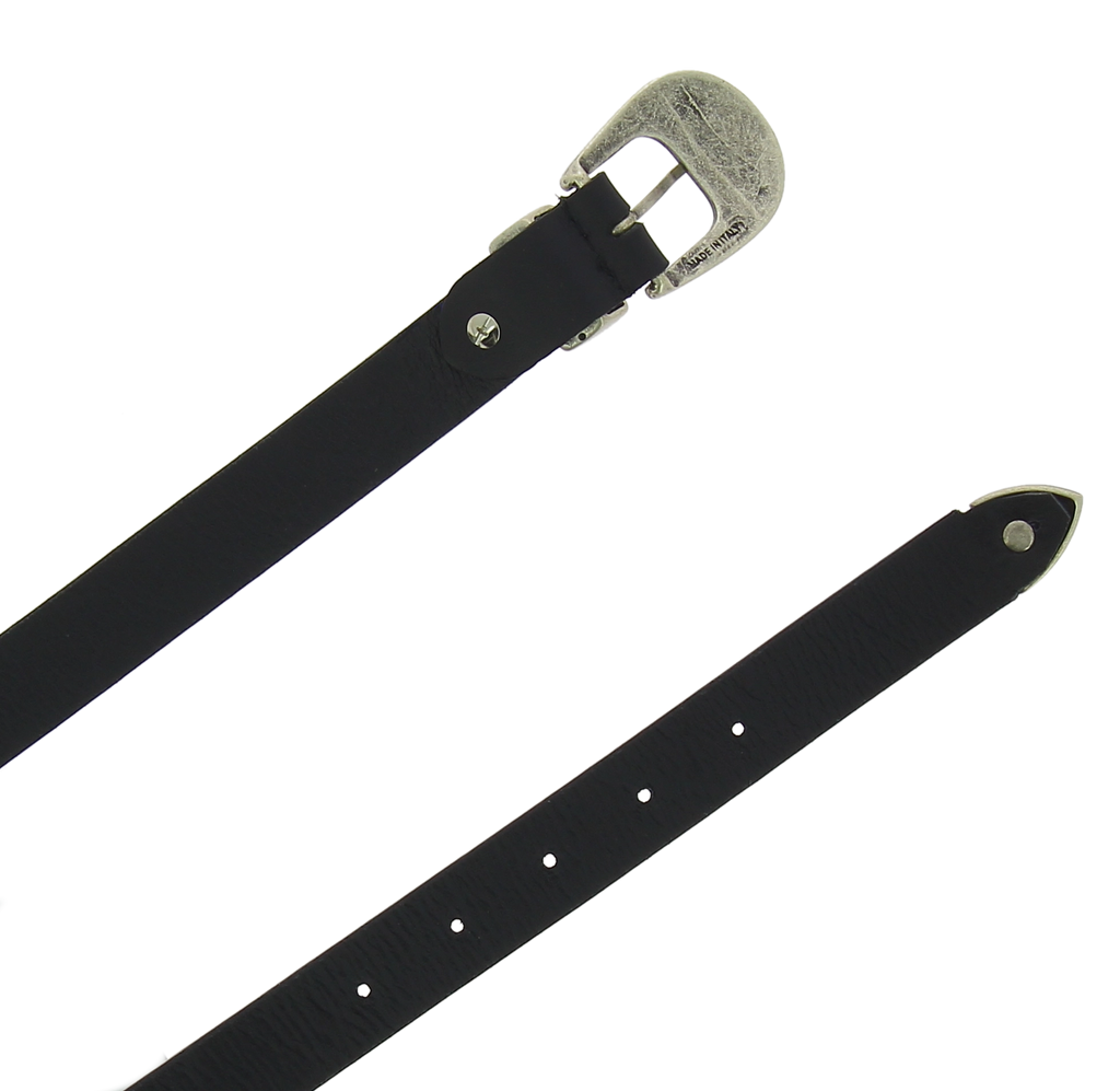 Cintura 2,5 cm donna in pelle nera con fibbia e puntale in metallo inciso