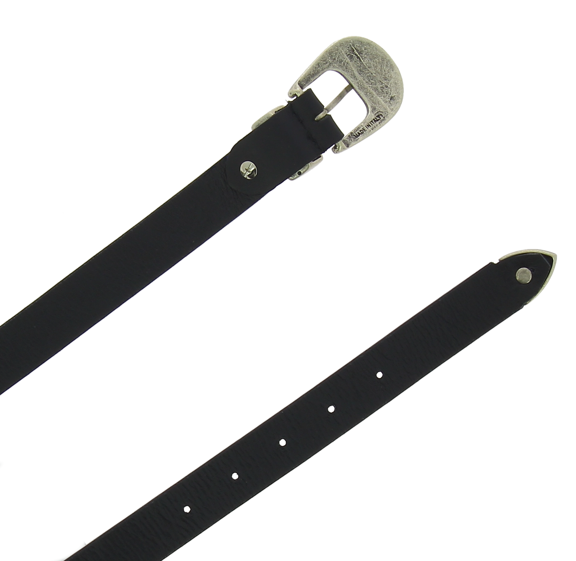 Cintura 2,5 cm donna in pelle nera con fibbia e puntale in metallo inciso