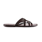 Hand gefertigte Damen-Sandalen mit braunem Lederriemengeflecht um den großen Zeh und Ledersohle