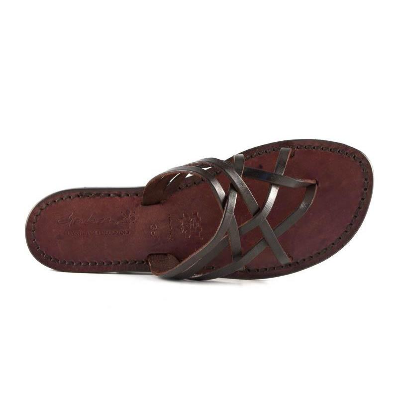 Handmade dark brown braid leather womens thongs and leather sole