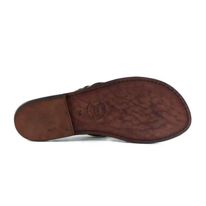 Handmade dark brown braid leather womens thongs and leather sole